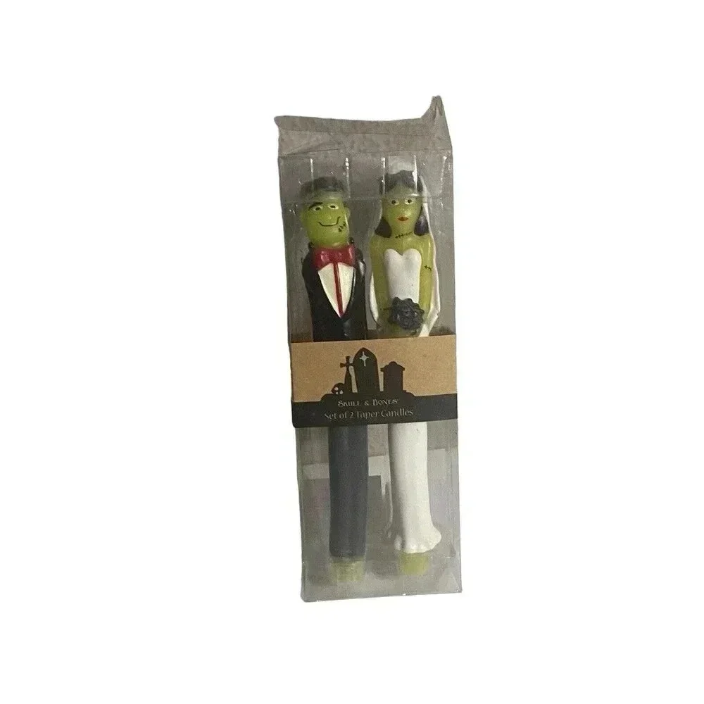 Frankenstein Bride Couple Wedding Halloween Candles Green Monsters Tall 10